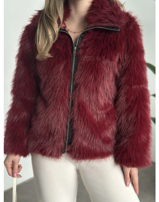 Fermuar detaylı kürk mont bordo