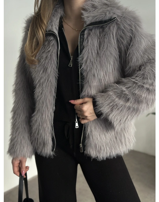 Fermuar detaylı kürk mont gri