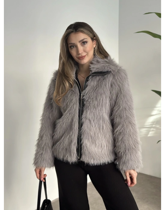 Fermuar detaylı kürk mont gri