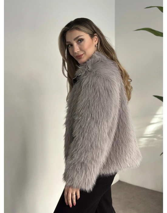 Fermuar detaylı kürk mont gri