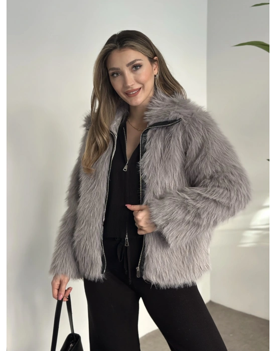 Fermuar detaylı kürk mont gri