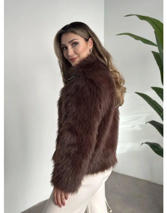 Fermuar detaylı kürk mont kahve