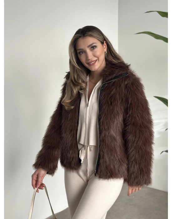 Fermuar detaylı kürk mont kahve