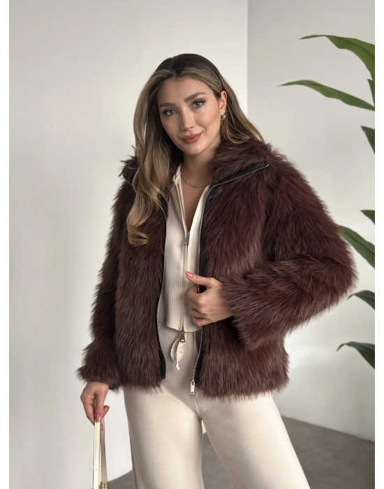 Fermuar detaylı kürk mont kahve