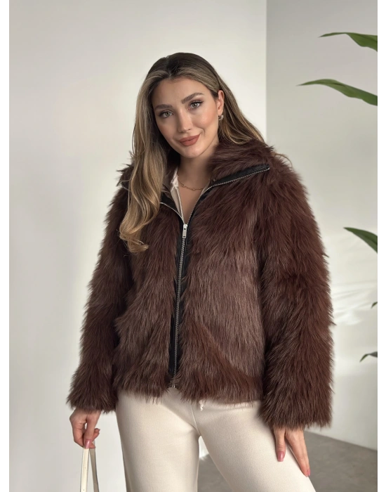 Fermuar detaylı kürk mont kahve