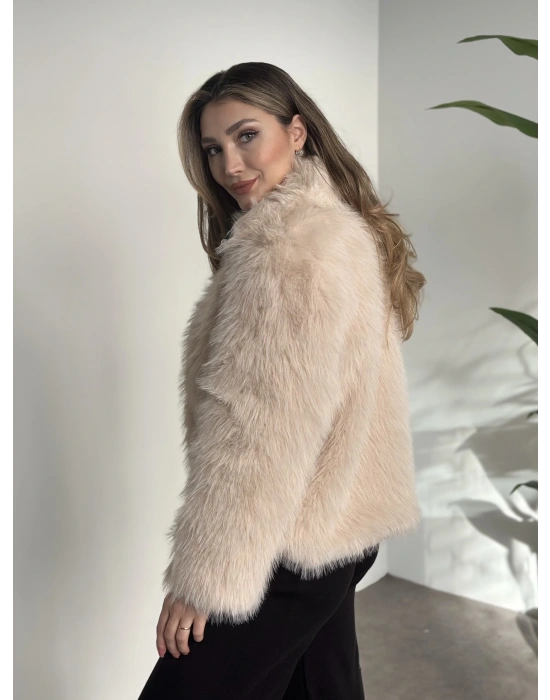 Fermuar detaylı kürk mont krem