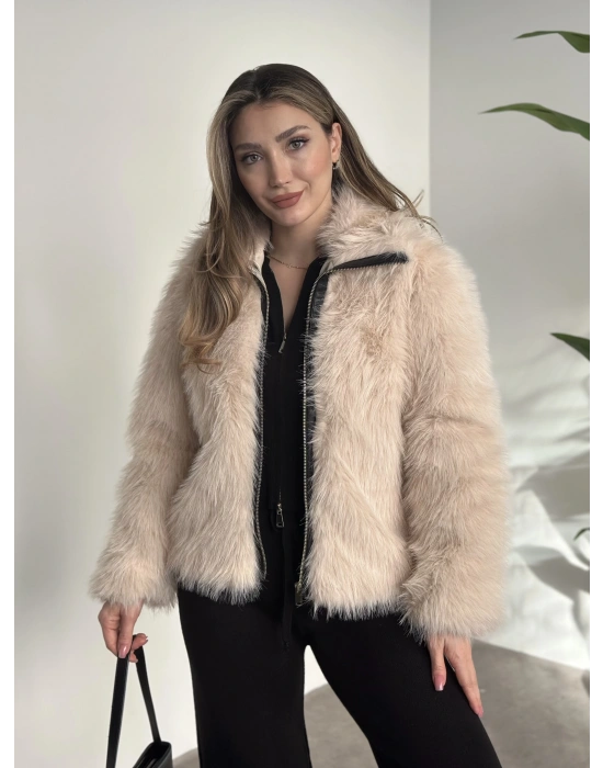 Fermuar detaylı kürk mont krem