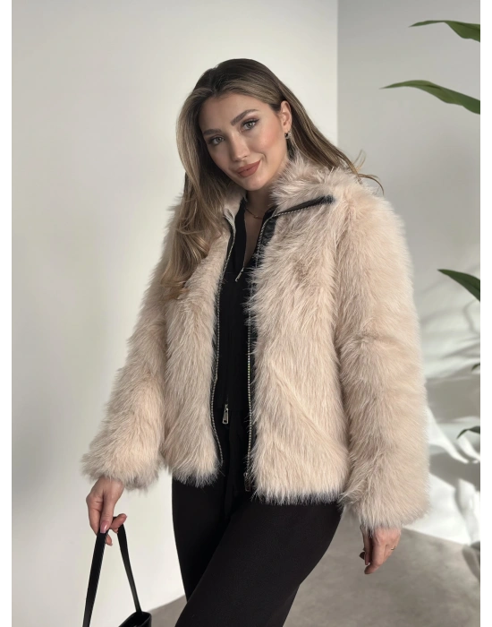 Fermuar detaylı kürk mont krem