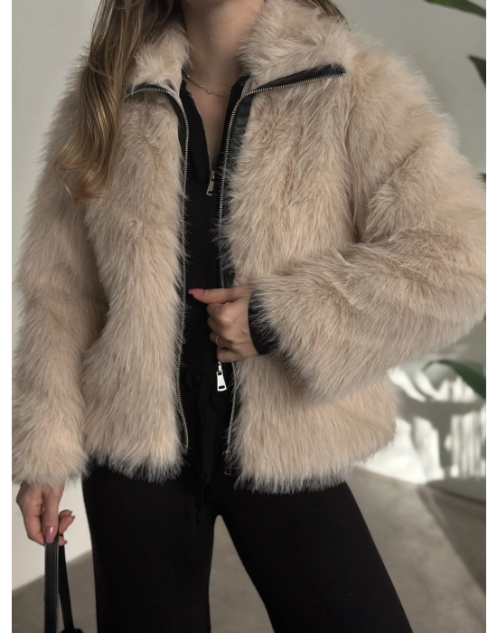 Fermuar detaylı kürk mont krem