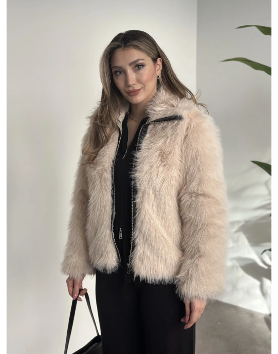 Fermuar detaylı kürk mont krem