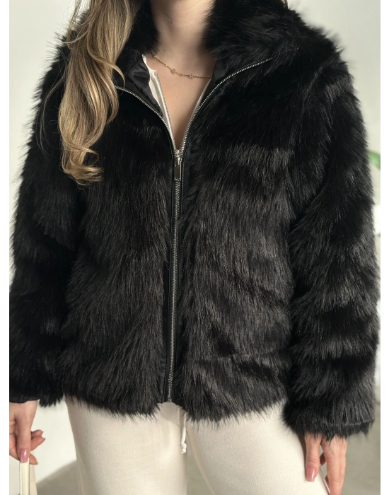 Fermuar detaylı kürk mont siyah