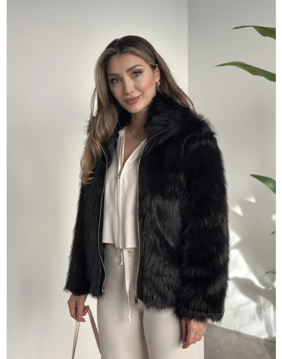 Fermuar detaylı kürk mont siyah