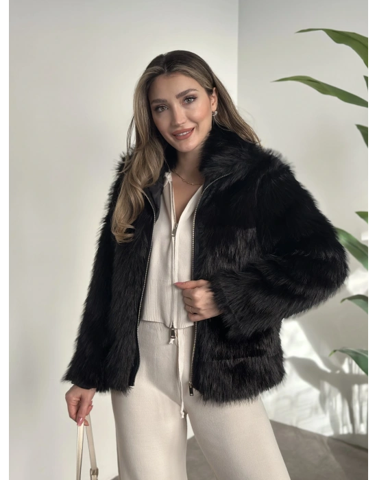 Fermuar detaylı kürk mont siyah