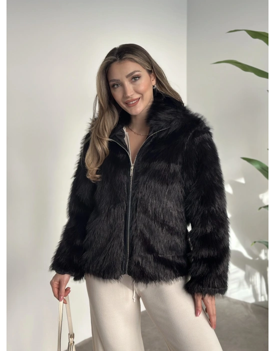 Fermuar detaylı kürk mont siyah