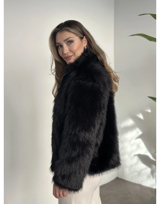 Fermuar detaylı kürk mont siyah