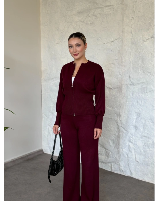 Fermuarlı Triko Hırkalı Takım bordo