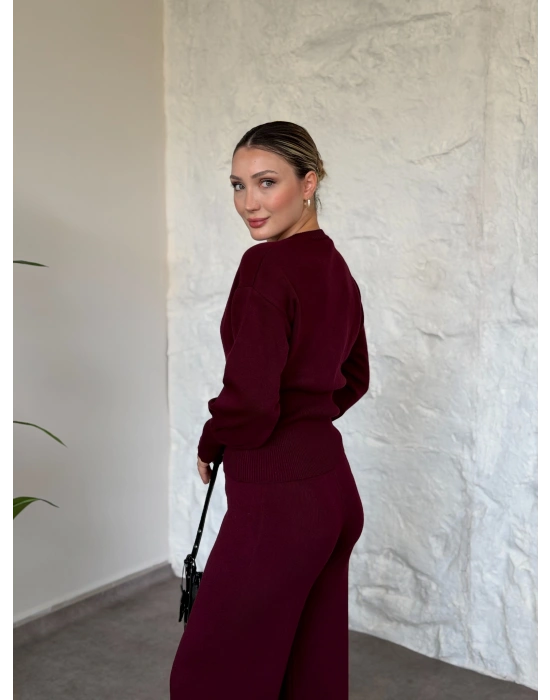 Fermuarlı Triko Hırkalı Takım bordo