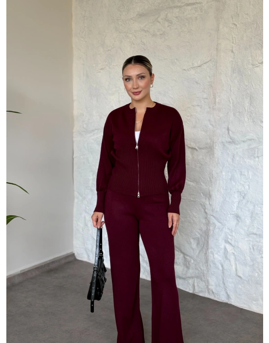 Fermuarlı Triko Hırkalı Takım bordo
