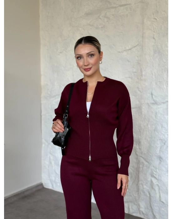 Fermuarlı Triko Hırkalı Takım bordo