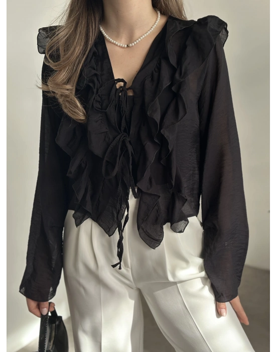 Fırfırlı gömlek bluz siyah