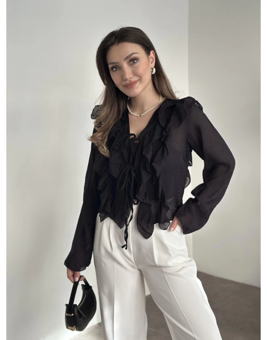 Fırfırlı gömlek bluz siyah