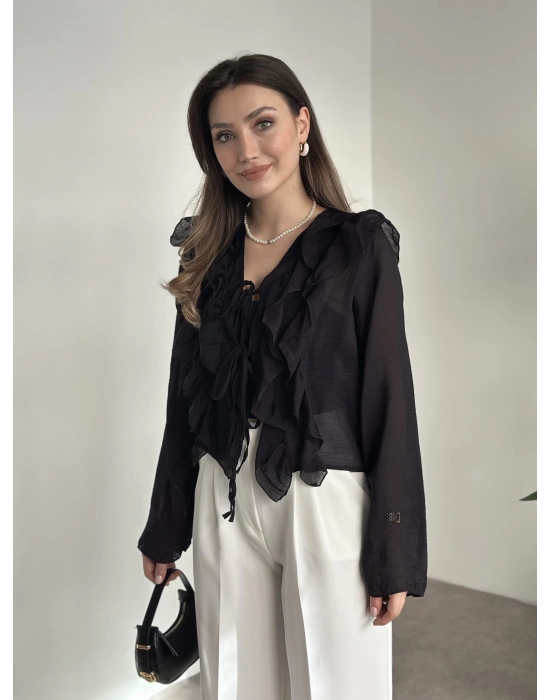 Fırfırlı gömlek bluz siyah