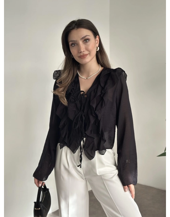 Fırfırlı gömlek bluz siyah