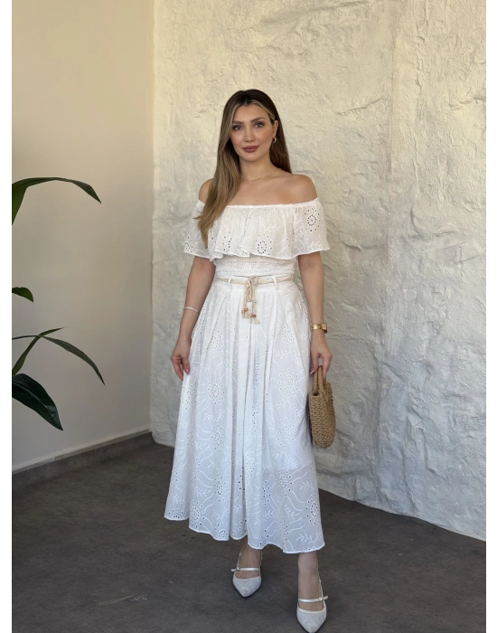 Fisto nakışlı beli gipeli madonna etekli takım beyaz