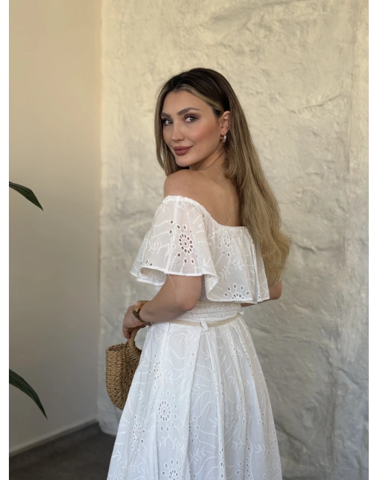Fisto nakışlı beli gipeli madonna etekli takım beyaz