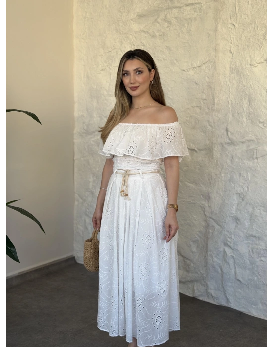 Fisto nakışlı beli gipeli madonna etekli takım beyaz
