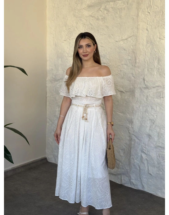 Fisto nakışlı beli gipeli madonna etekli takım beyaz