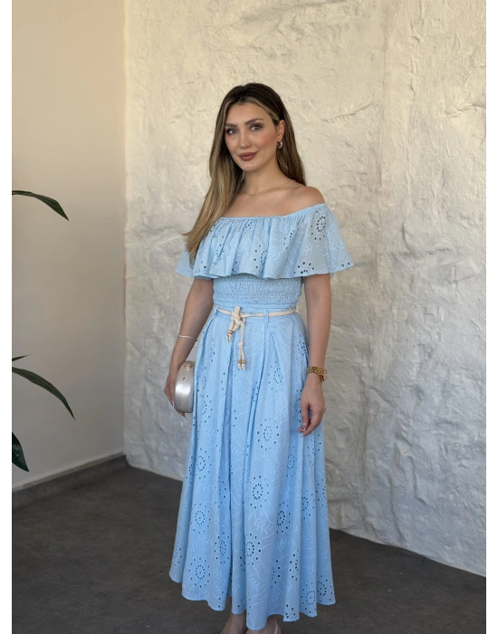 Fisto nakışlı beli gipeli madonna etekli takım mavi