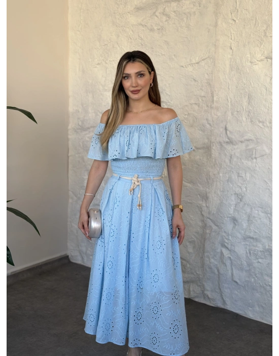 Fisto nakışlı beli gipeli madonna etekli takım mavi