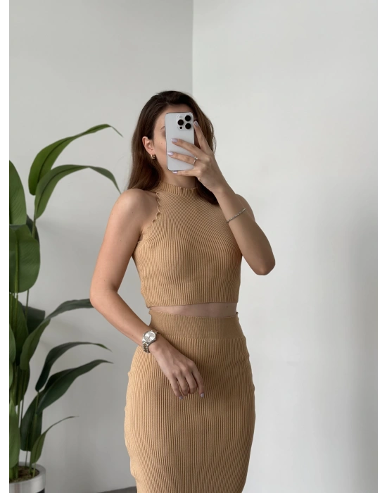 Fitilli Etekli Triko Takım - Camel