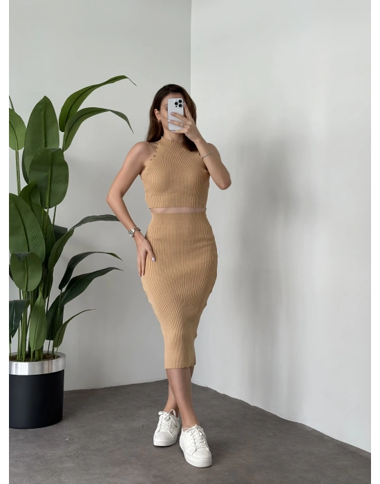 Fitilli Etekli Triko Takım - Camel