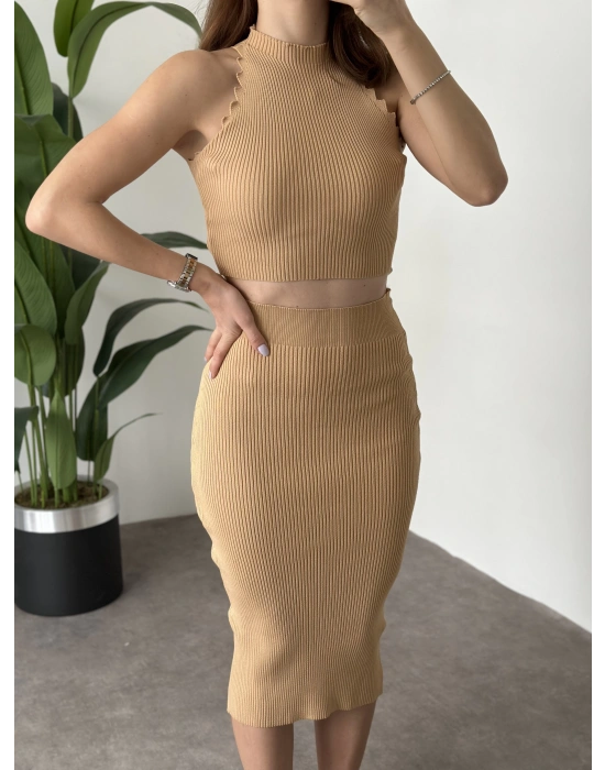 Fitilli Etekli Triko Takım - Camel