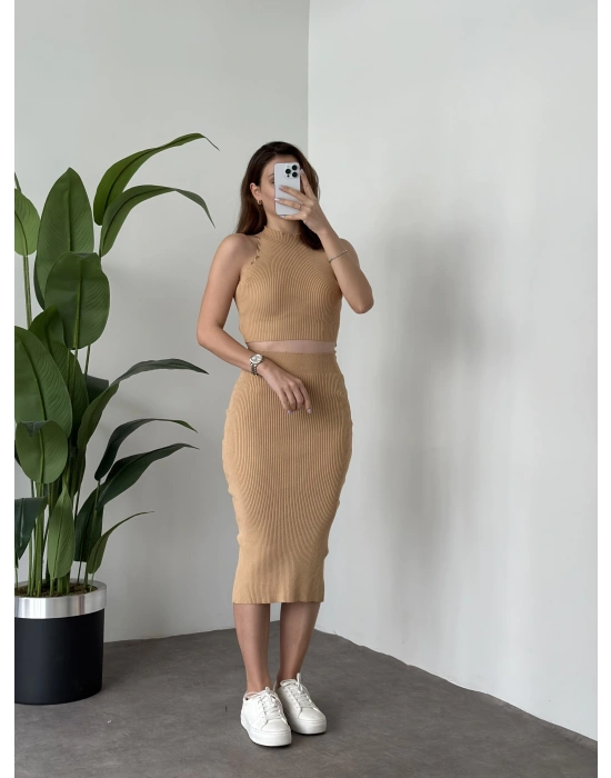 Fitilli Etekli Triko Takım - Camel