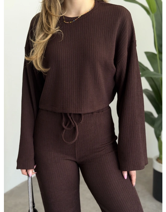 Fitilli salaş crop boy takım kahve