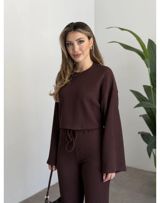 Fitilli salaş crop boy takım kahve