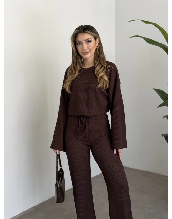 Fitilli salaş crop boy takım kahve