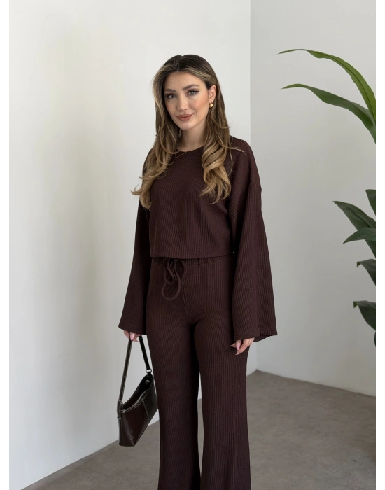 Fitilli salaş crop boy takım kahve