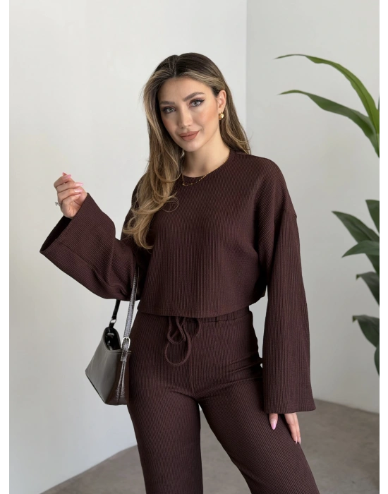 Fitilli salaş crop boy takım kahve