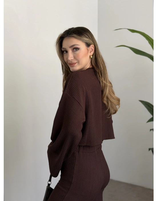 Fitilli salaş crop boy takım kahve