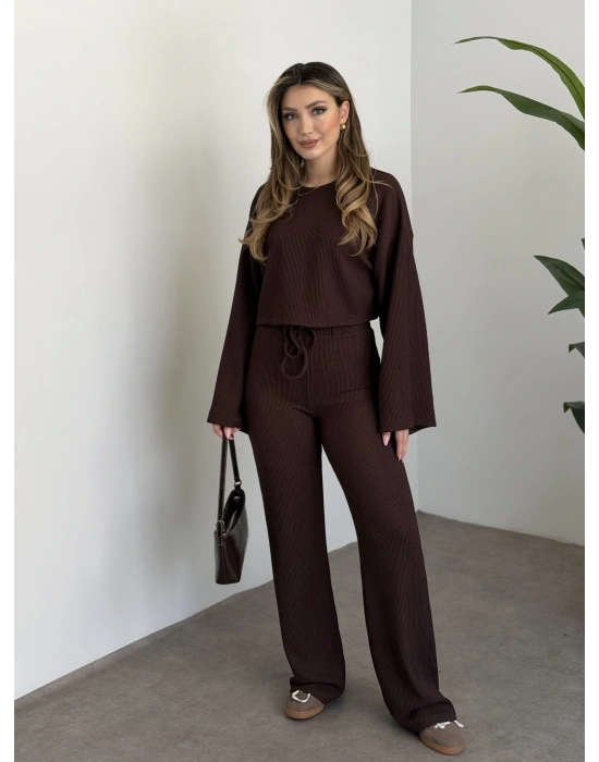 Fitilli salaş crop boy takım kahve