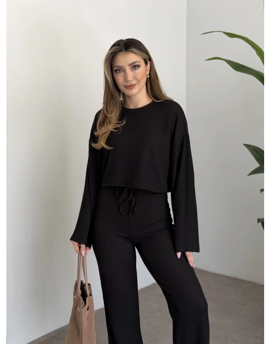 Fitilli salaş crop boy takım siyah