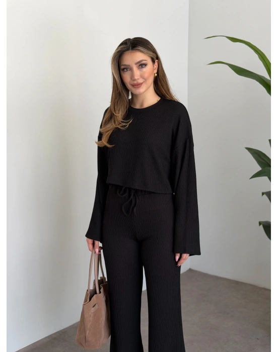 Fitilli salaş crop boy takım siyah