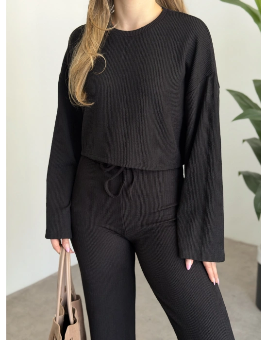 Fitilli salaş crop boy takım siyah