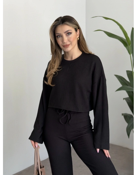 Fitilli salaş crop boy takım siyah