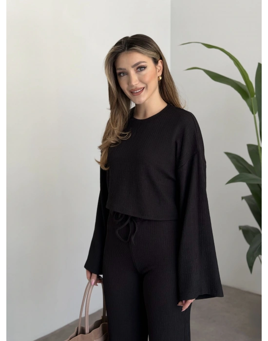 Fitilli salaş crop boy takım siyah