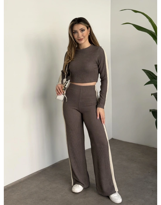 Fitilli şeritli crop boy takım gri